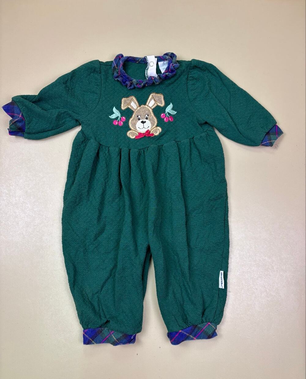 Vintage Healthtex Baby Girl 12M Green Bunny Romper Plaid Trim Quilted